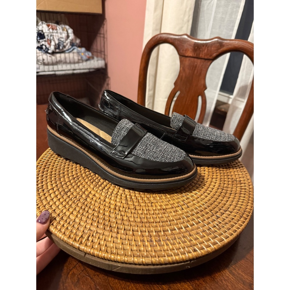 Clarks Collection Sharon Dolly Black Patent Grey Fabric Wedge Loafers Womens 11